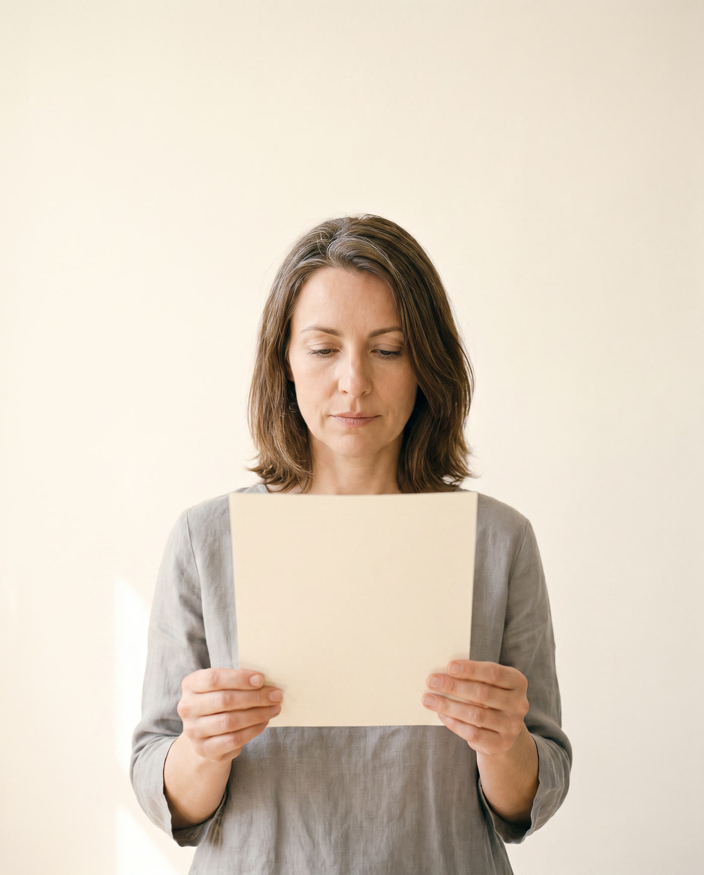 A woman holding a single clean page, calm, in soft light.