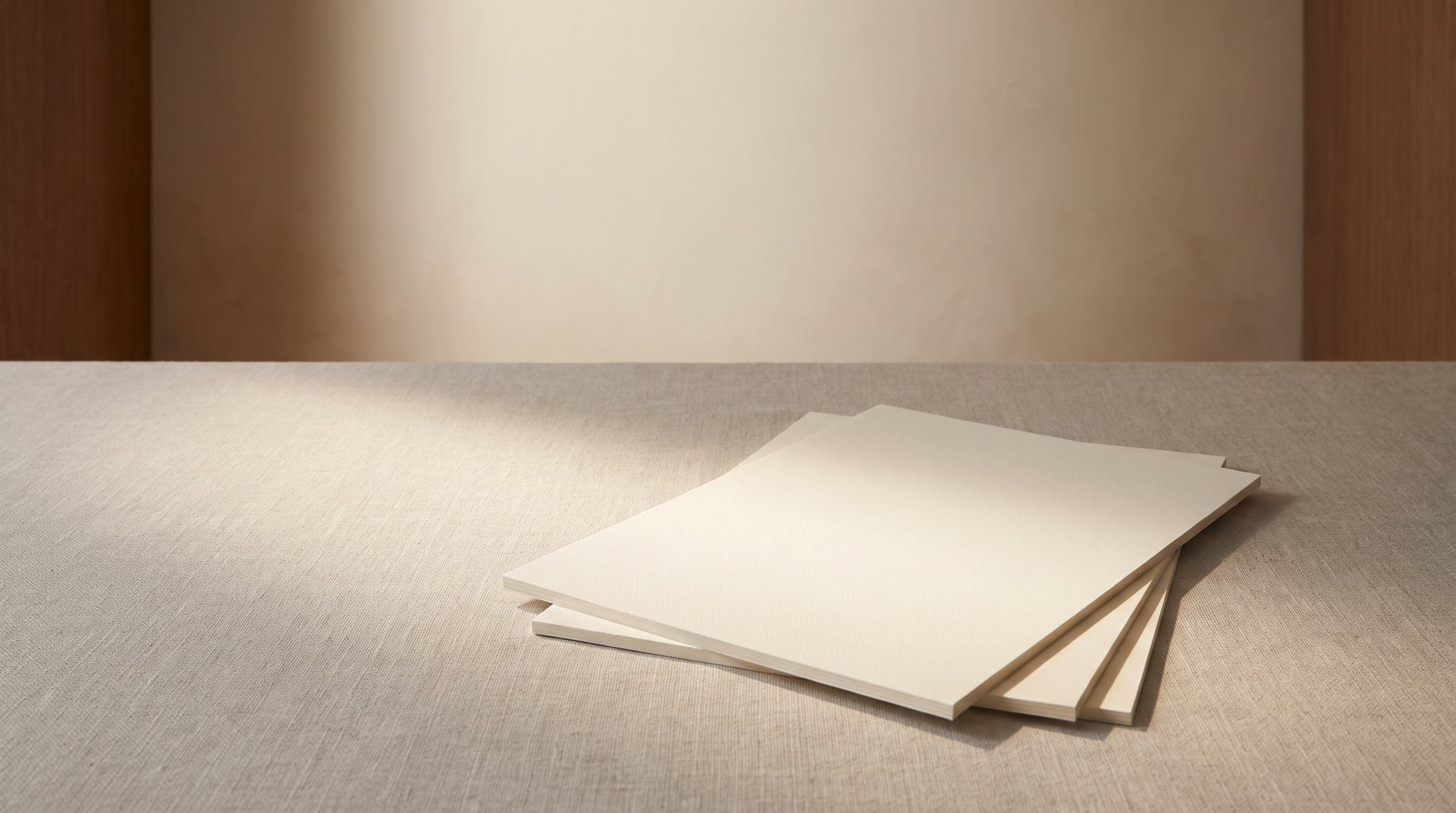 Three blank sheets of paper stacked on linen in soft daylight.
